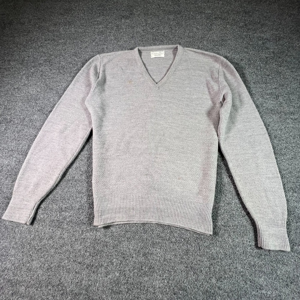 Vintage Christian Dior Sweater Men's L Gray Orlon Acrylic Tight-Knit Made In USA